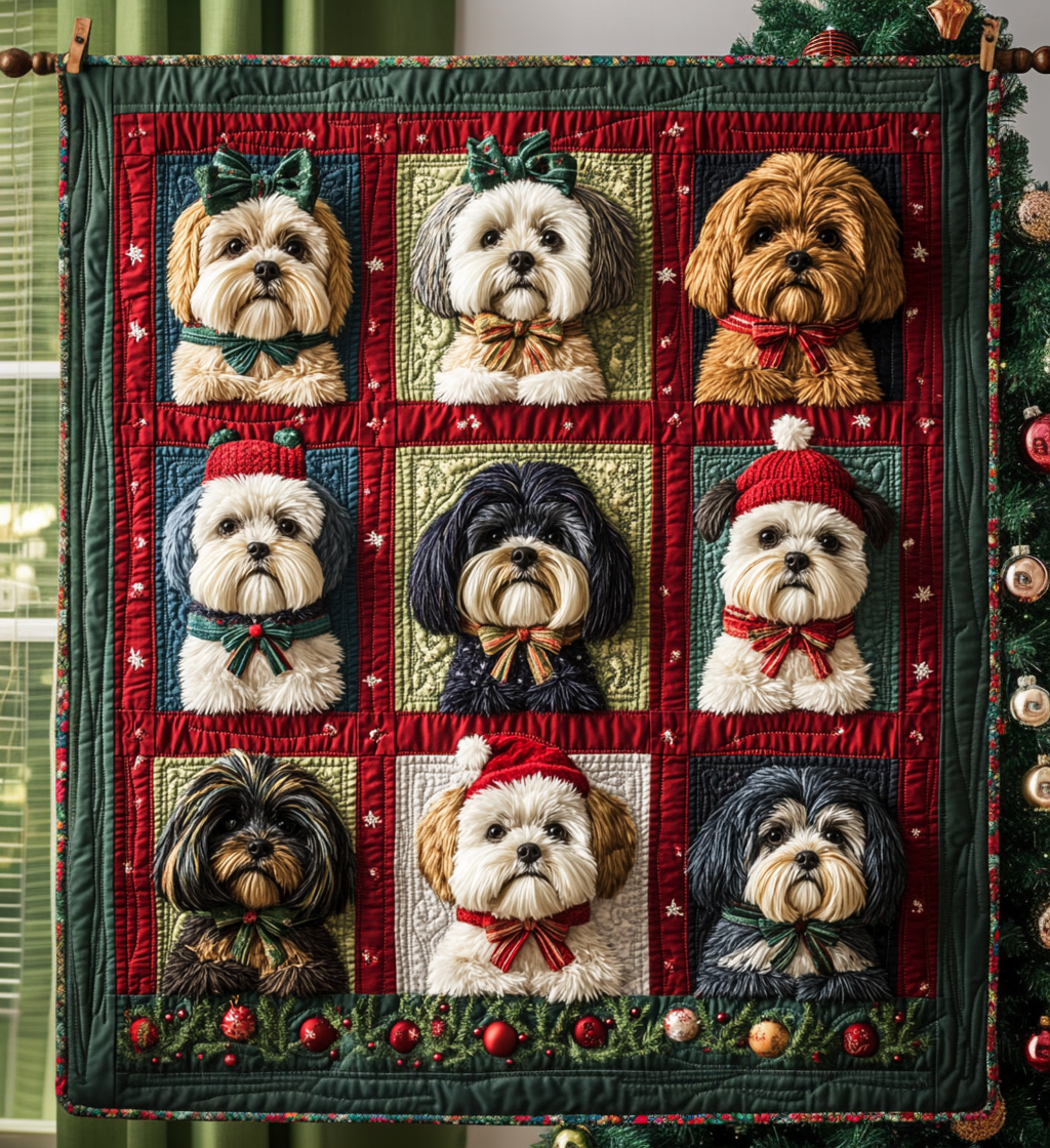 Christmas Shih Tzu Vibes Quilted Blanket Unique Bed Sheet Set Gifts For Dog Owners