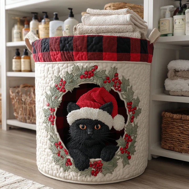 Christmas Wreath Cat Quilted Laundry Basket Holiday Xmas Home Decor Best Gift For Cat Lovers