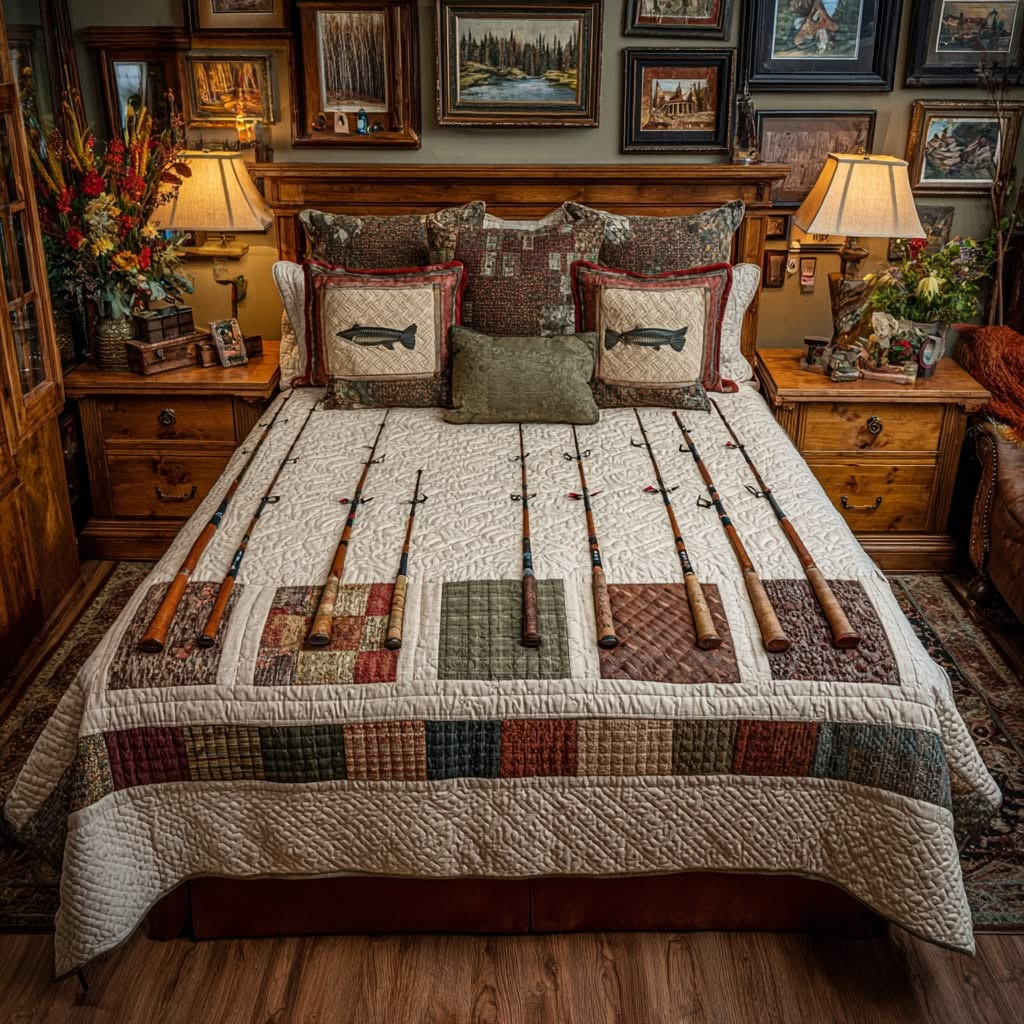 Classic Fishing Rod Panel Quilted Bedding Set Rustic Cozy Blanket Best Father's Day Gifts