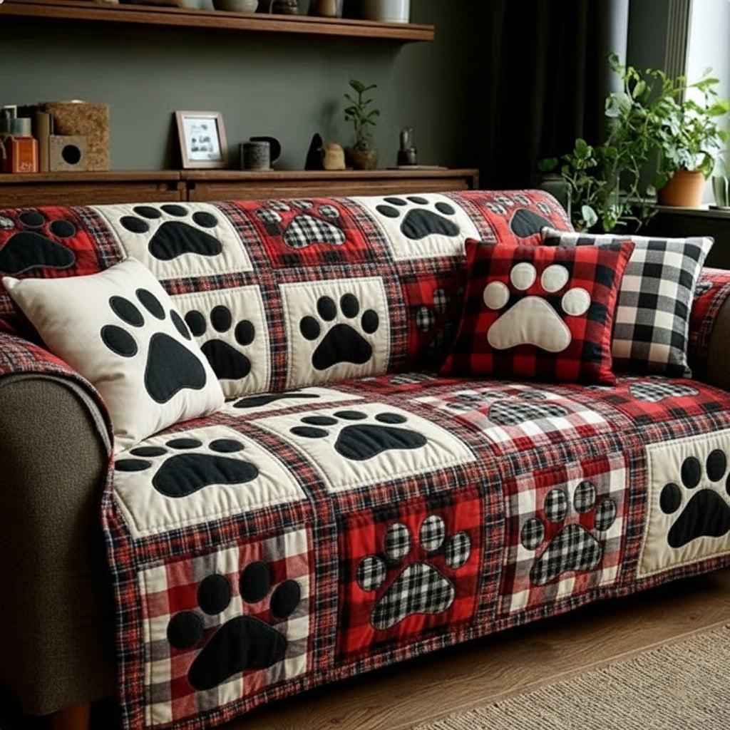 Classic Plaid Love Paw Quilted Sofa Cover Cute Sofa Slipcovers Best Presents For Dog Lovers