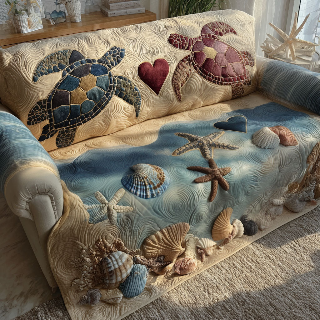 Coastal Heart Turtles Quilted Sofa Cover Sofa Couch Slipcover Best Gifts For Turtle Lovers