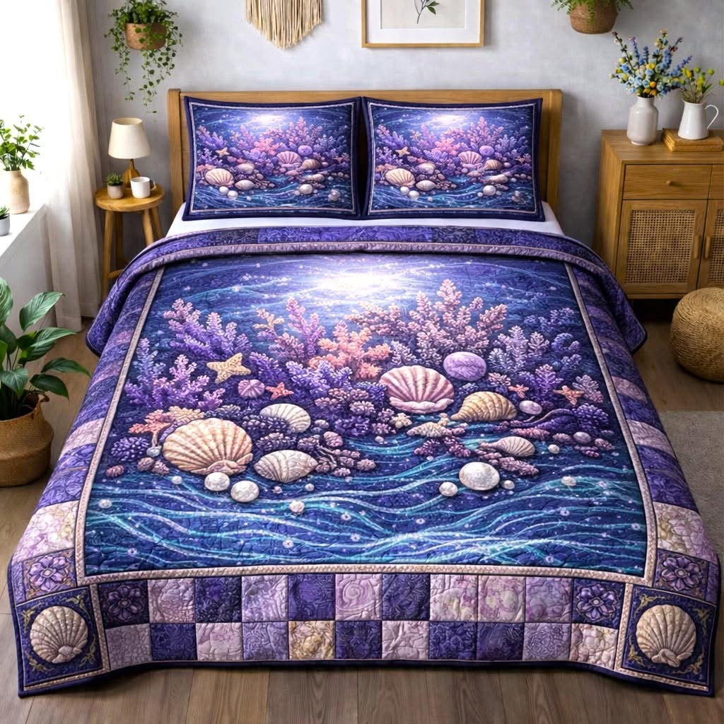 Coastal Treasure Quilted Bedding Set Ocean Themed Bedspread Set Mother's Day Gifts Ideas