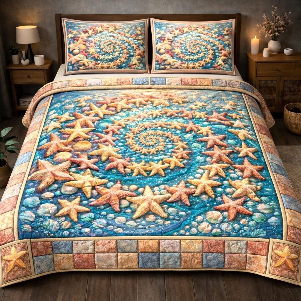 Coastal Treasure Quilted Bedding Set Starfish Bedspread Set Best Mother's Day Gifts Ideas
