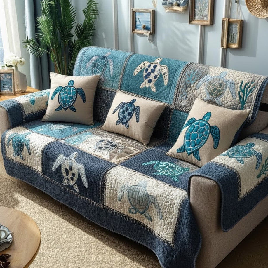 Coastal Turtle Quilted Sofa Cover Home Decor Sea Turtle Gifts For Mom