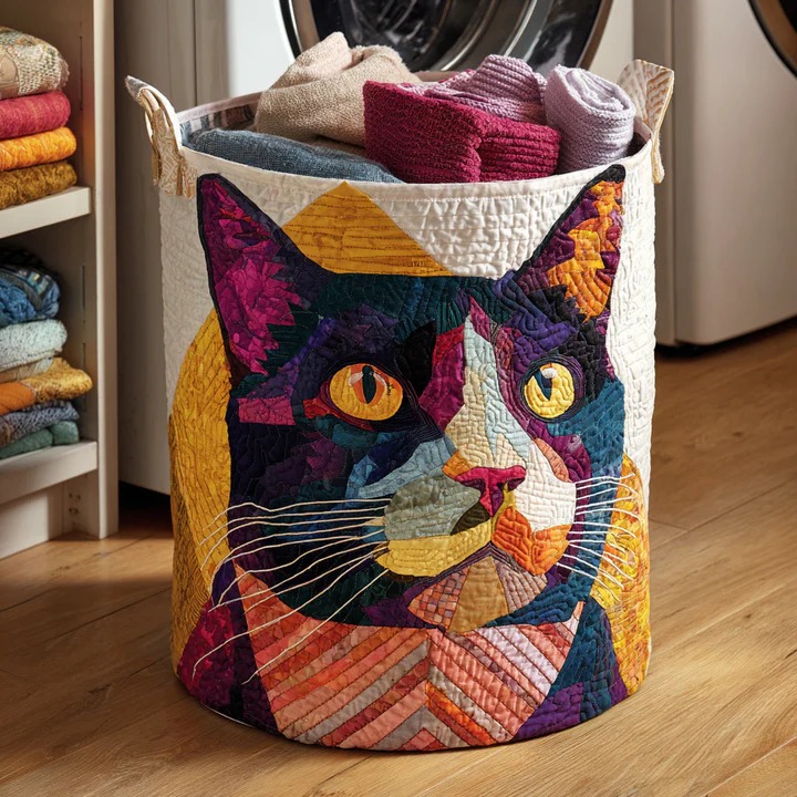 Colorburst Black Cat Quilted Laundry Basket Boho Vibrant Home Decor Best Gift For Cat Lovers
