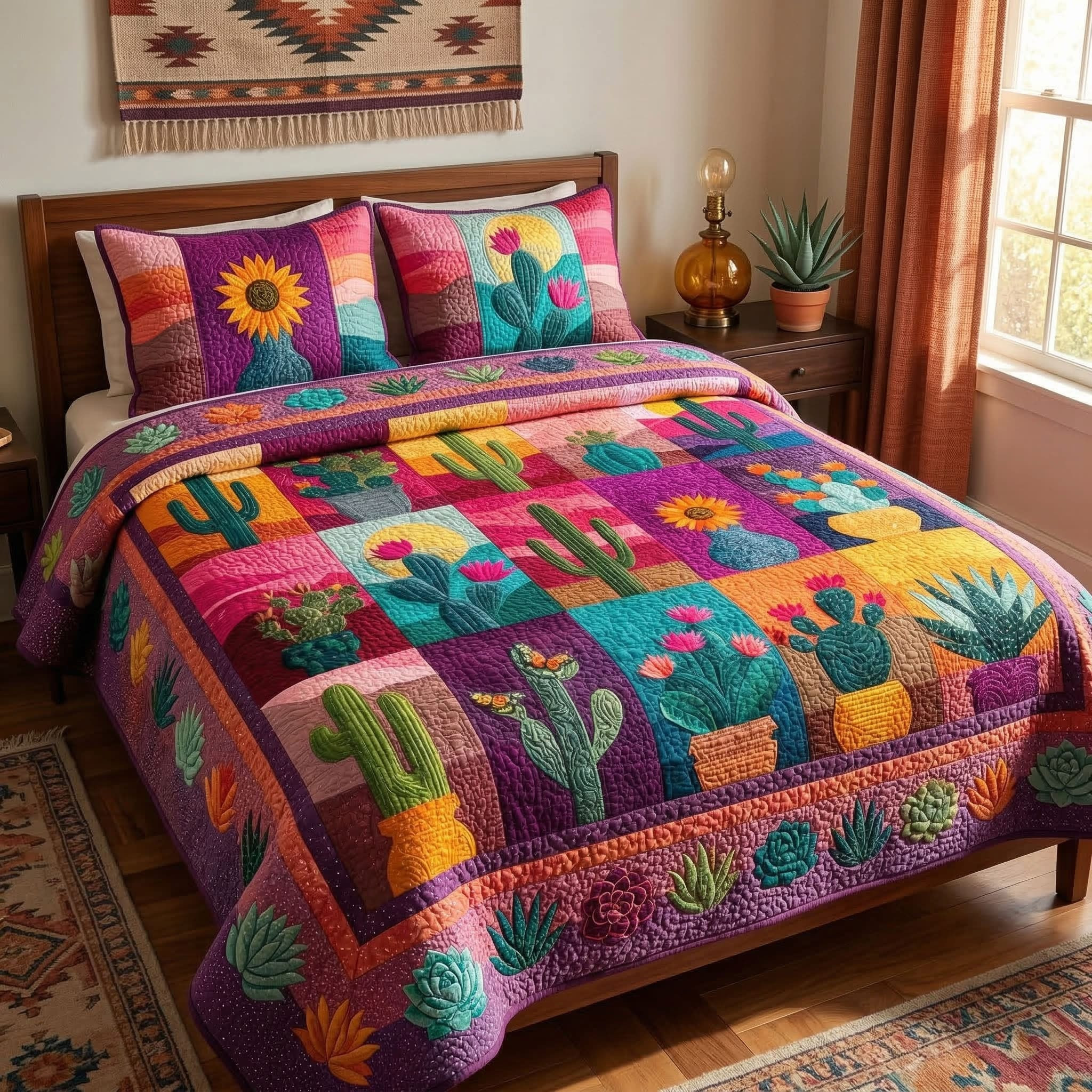 Colorful Cactus Garden Quilted Bedding Set Bedroom Decor Mother's Day Gifts For Grandma