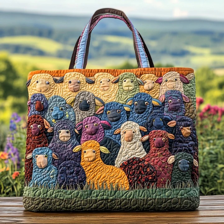 Colorful Cartoon Sheep Flock Quilted Tote Bag Farm Animal Lover Funny Country Nature Gift For Her