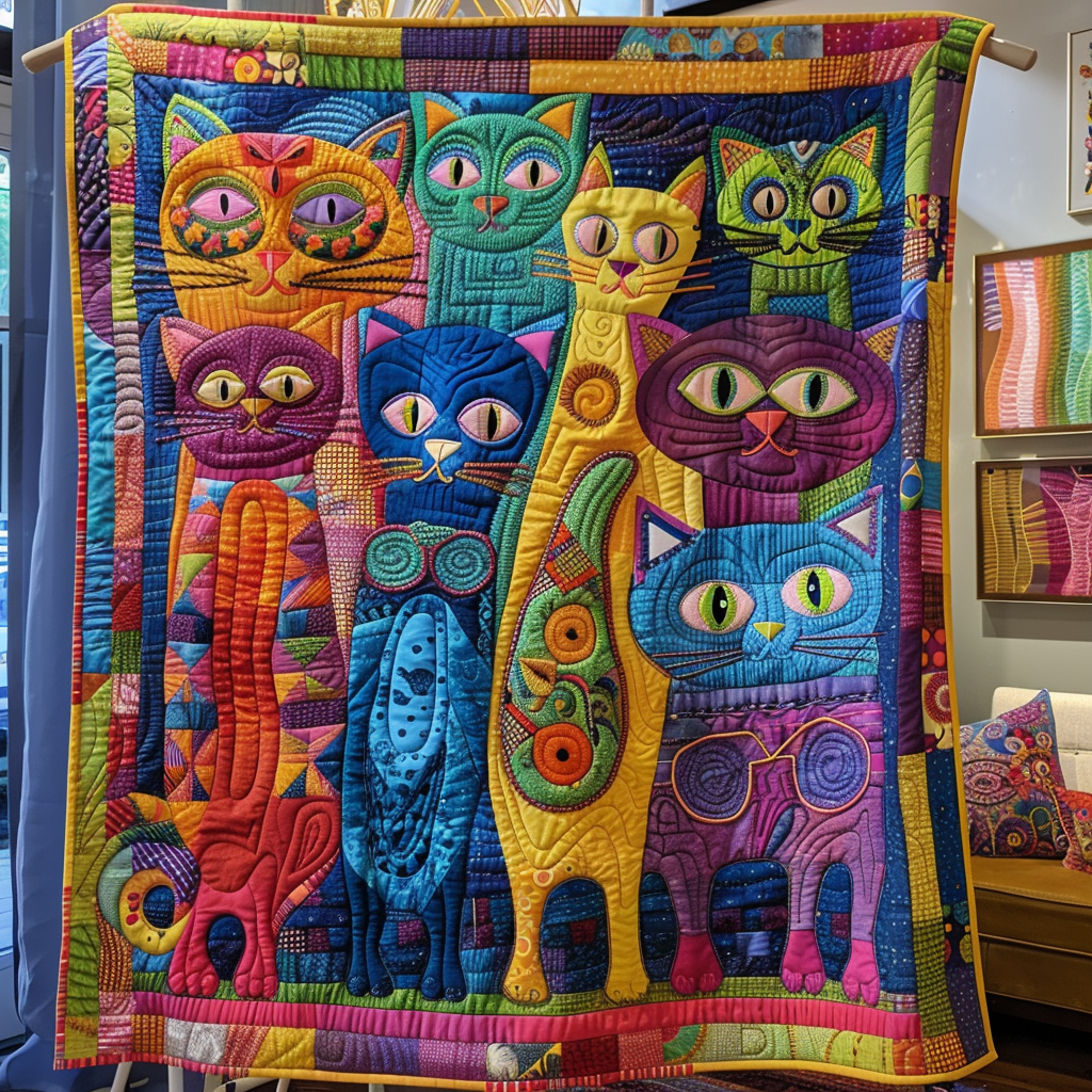 Colorful Cats and Flowers Quilted Blanket Bedspreads Birthday Gifts For Cat
