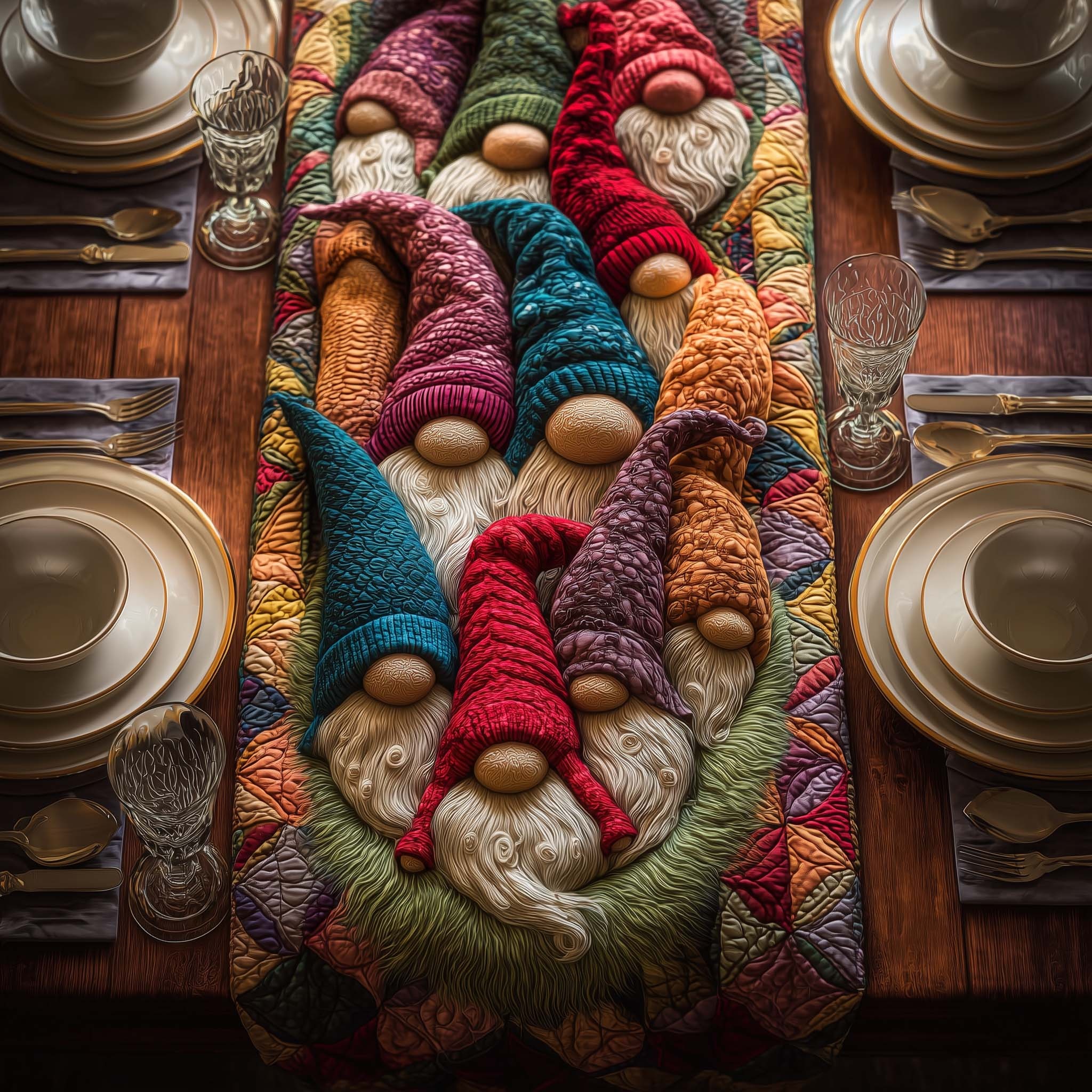 Colorful Gnomes Quilted Table Runner Rustic Kitchen Dining Decor Gift For Cozy Family Home