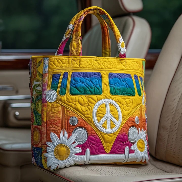 Colorful Hippie Bus Quilted Tote Bag Yellow Rainbow Peace Daisy Bag Best Gift For Women