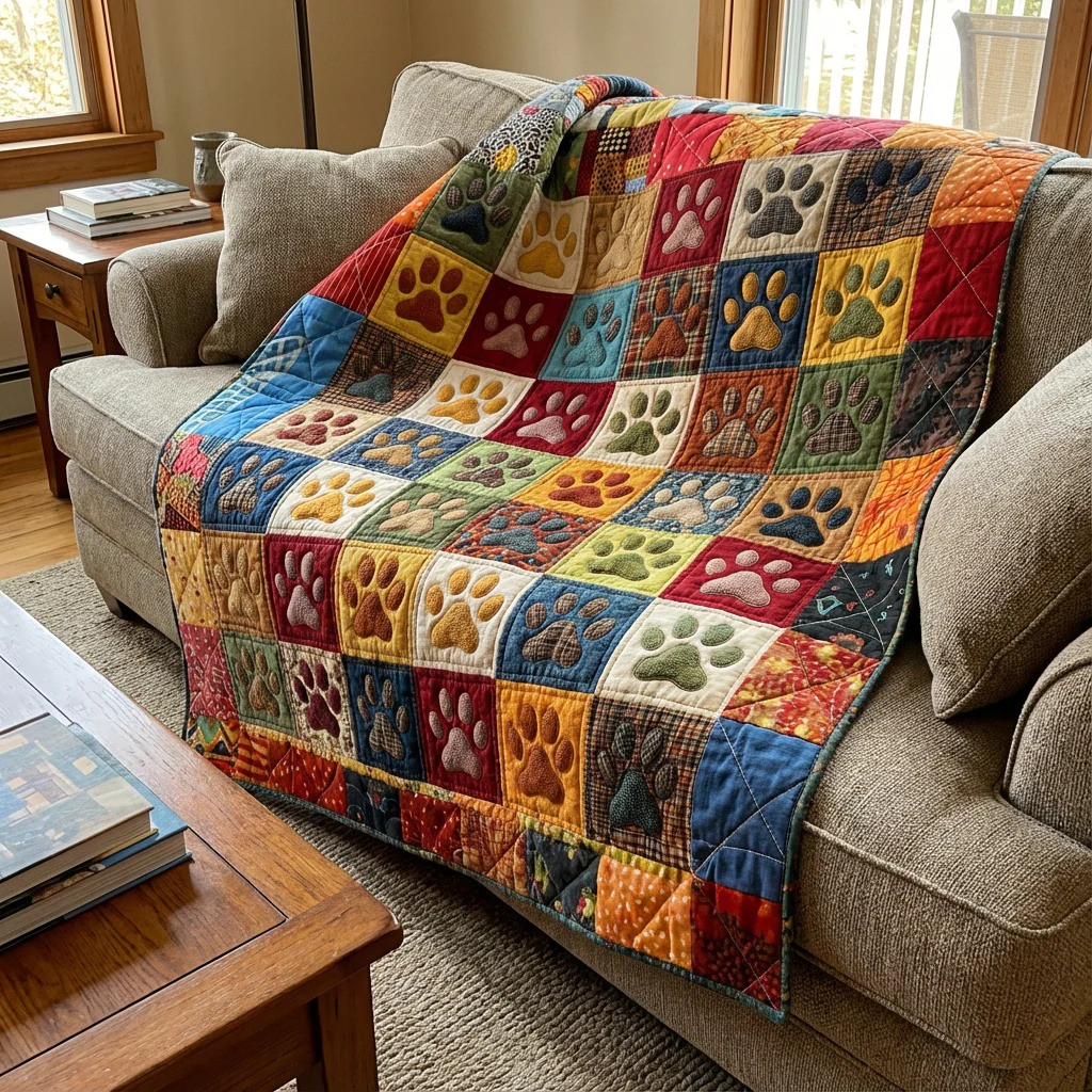 Colorful Paw Print Quilted Blanket Dog Lover Patchwork Decor Best Gift For Pet Owners