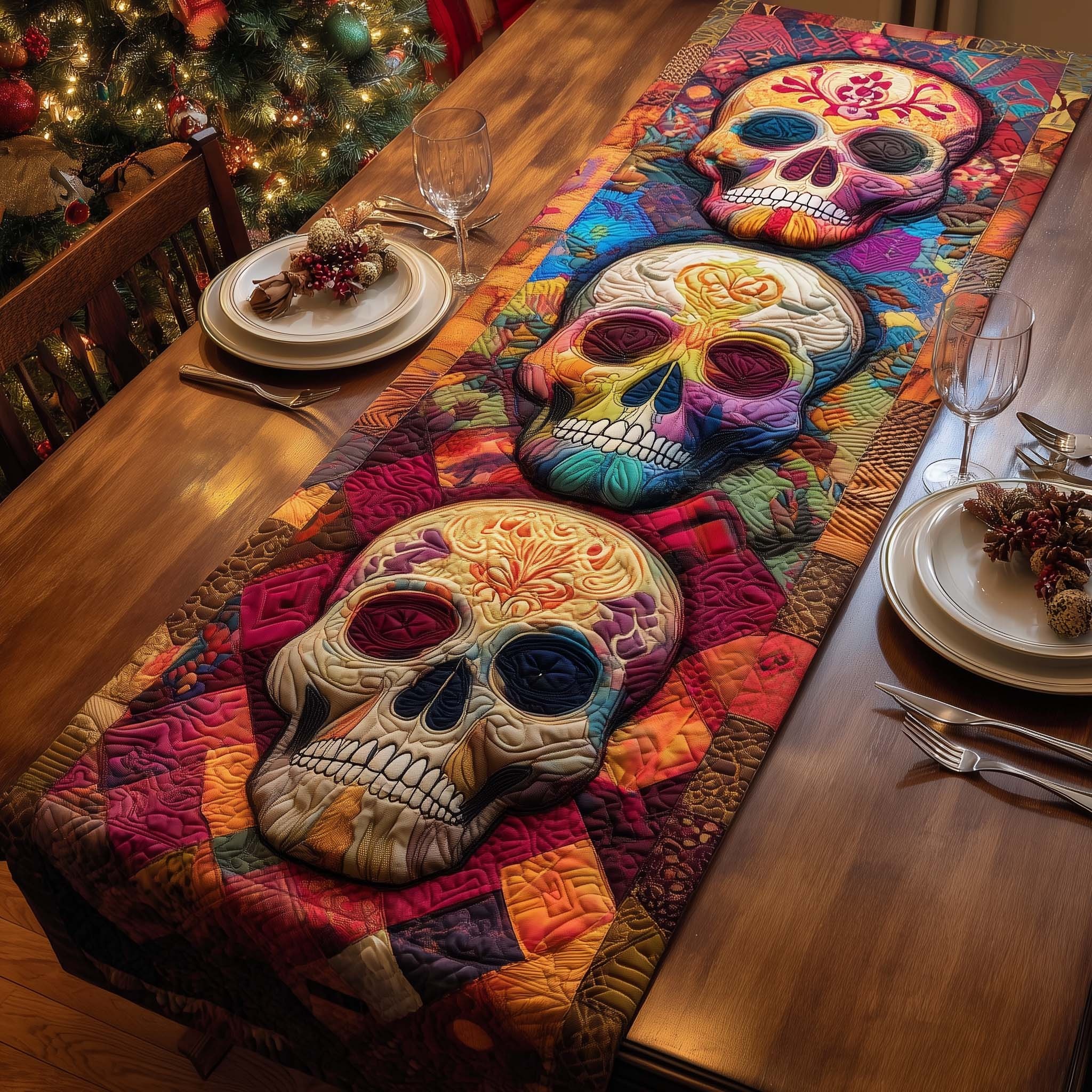 Colorful Skulls Quilted Table Runner Rustic Kitchen Dining Decor Gift For Cozy Family Home