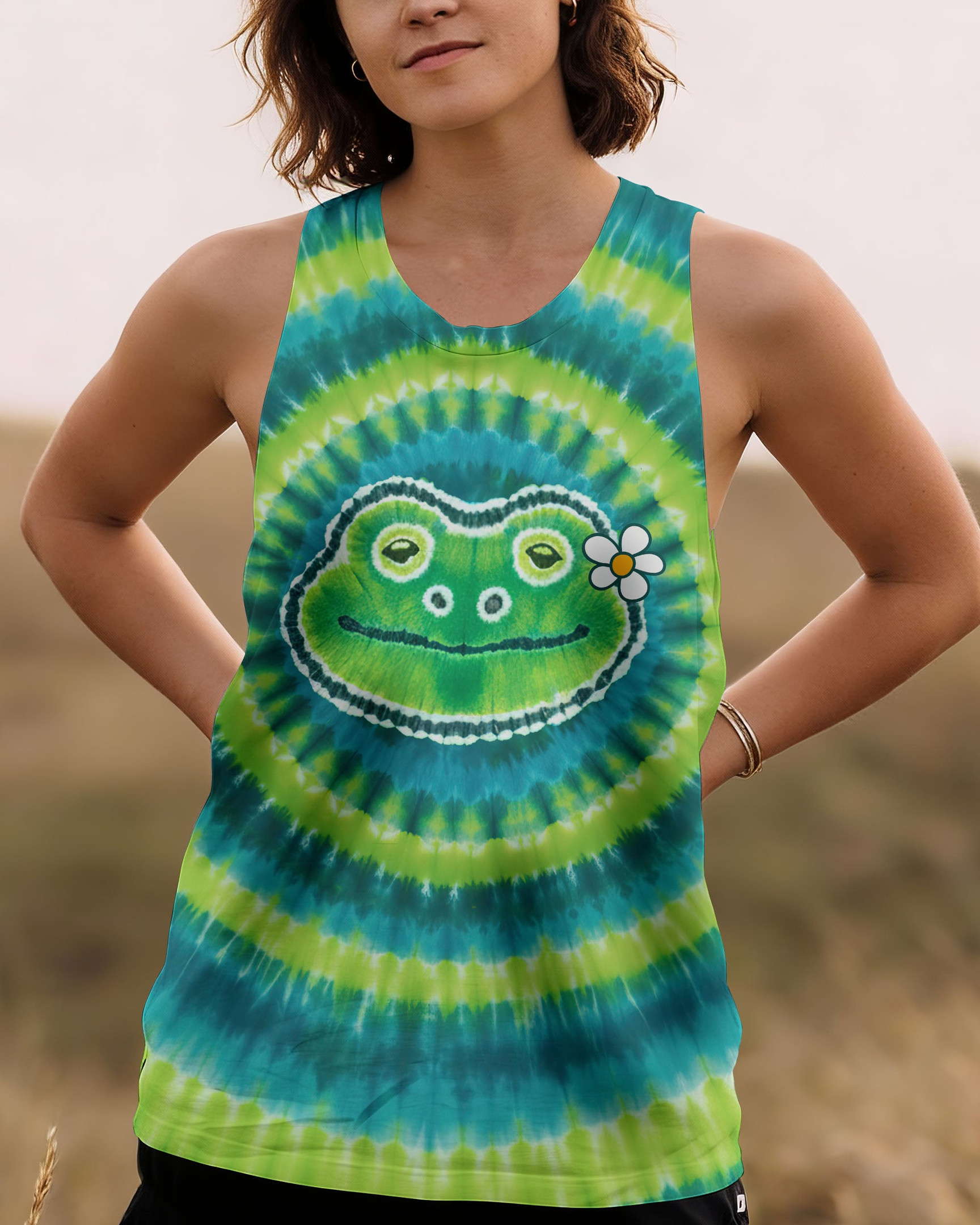 Colorful Tie-Dye Frog Be You The World Will Adjust Tank Top Fun Smiling Frog With Daisy For Her - Image 2