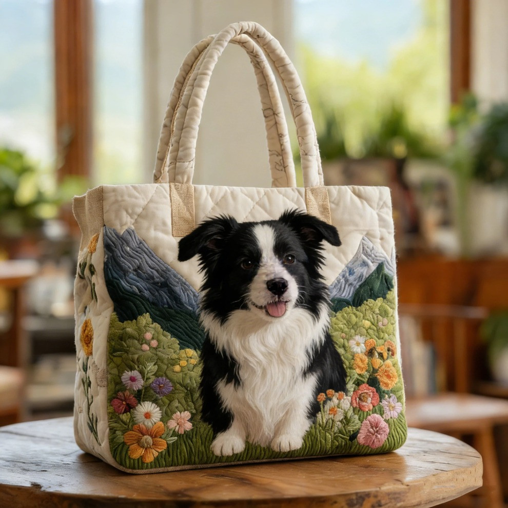 Consistent Collie Quilted Tote Bag Floral Cute Dog Tote Gifts For Consistent Collie Lovers