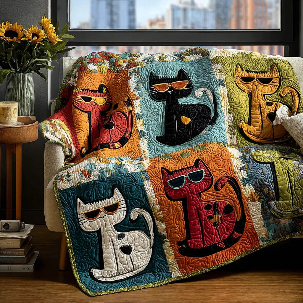 Cool Cats Sunglasses Quilted Blanket Sassy Funny Pet Apparel Best Gift For Cat Lovers