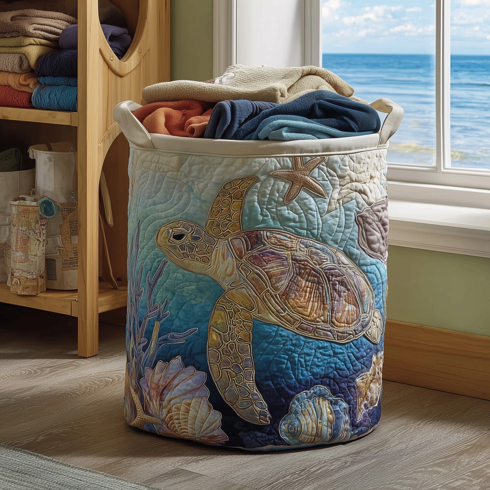 Cool Sea Turtle Quilted Laundry Basket Cute Gifts For Sea Turtle Fans