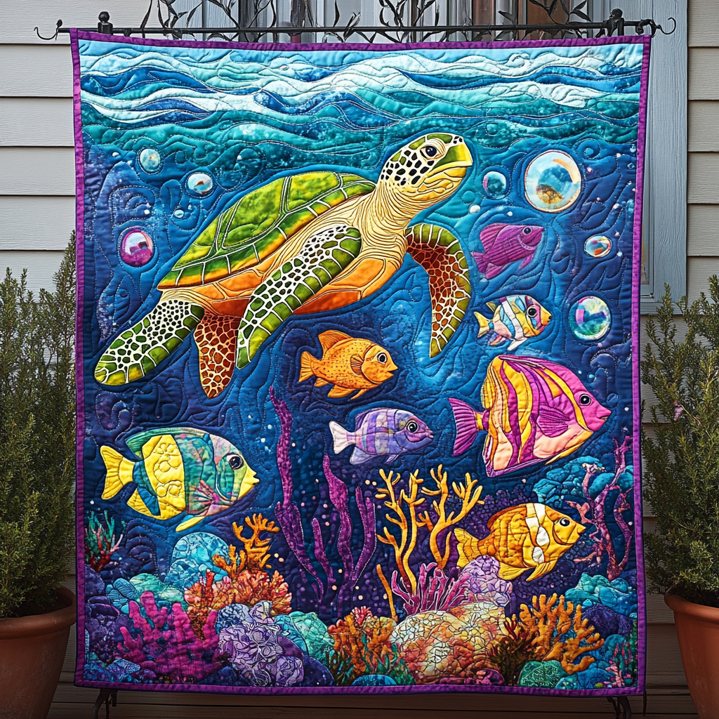 Coral Reef Guardian Quilted Blanket Cover Bed Set Turtle Gifts For Grandparents