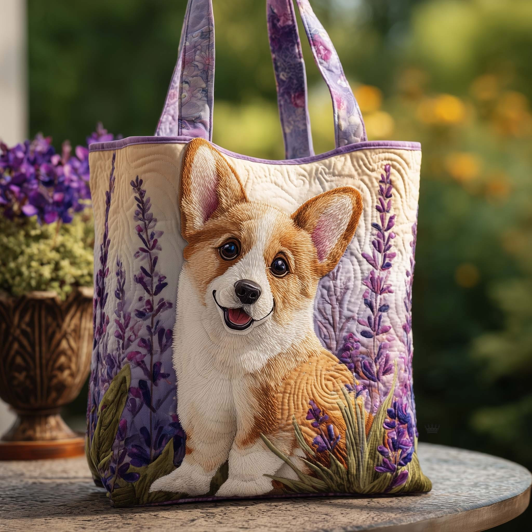Corgi In A Field Of Lavender Quilted Tote Bag Aesthetic Bag Gifts For Corgi Lovers