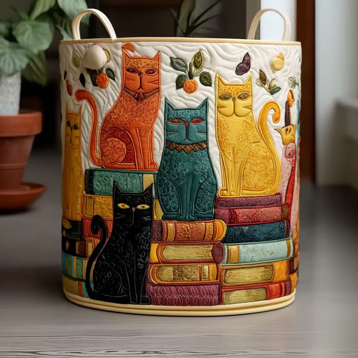 Cottage Cats Quilted Laundry Basket Cozy Boho Cat Home Decor Best Gift For Cat Lovers