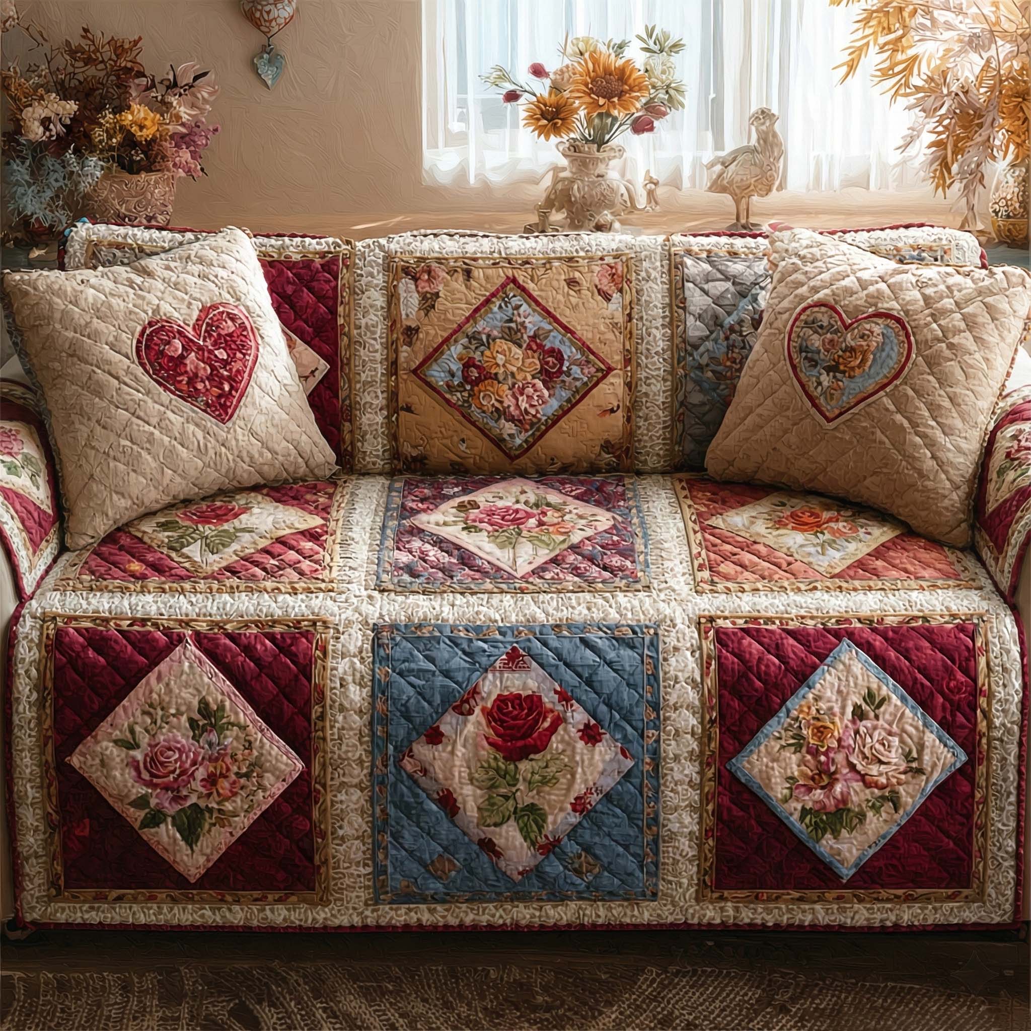 Cottage Rose Heart Quilted Sofa Cover Couch And Loveseat Covers Valentine Day Presents For Mom