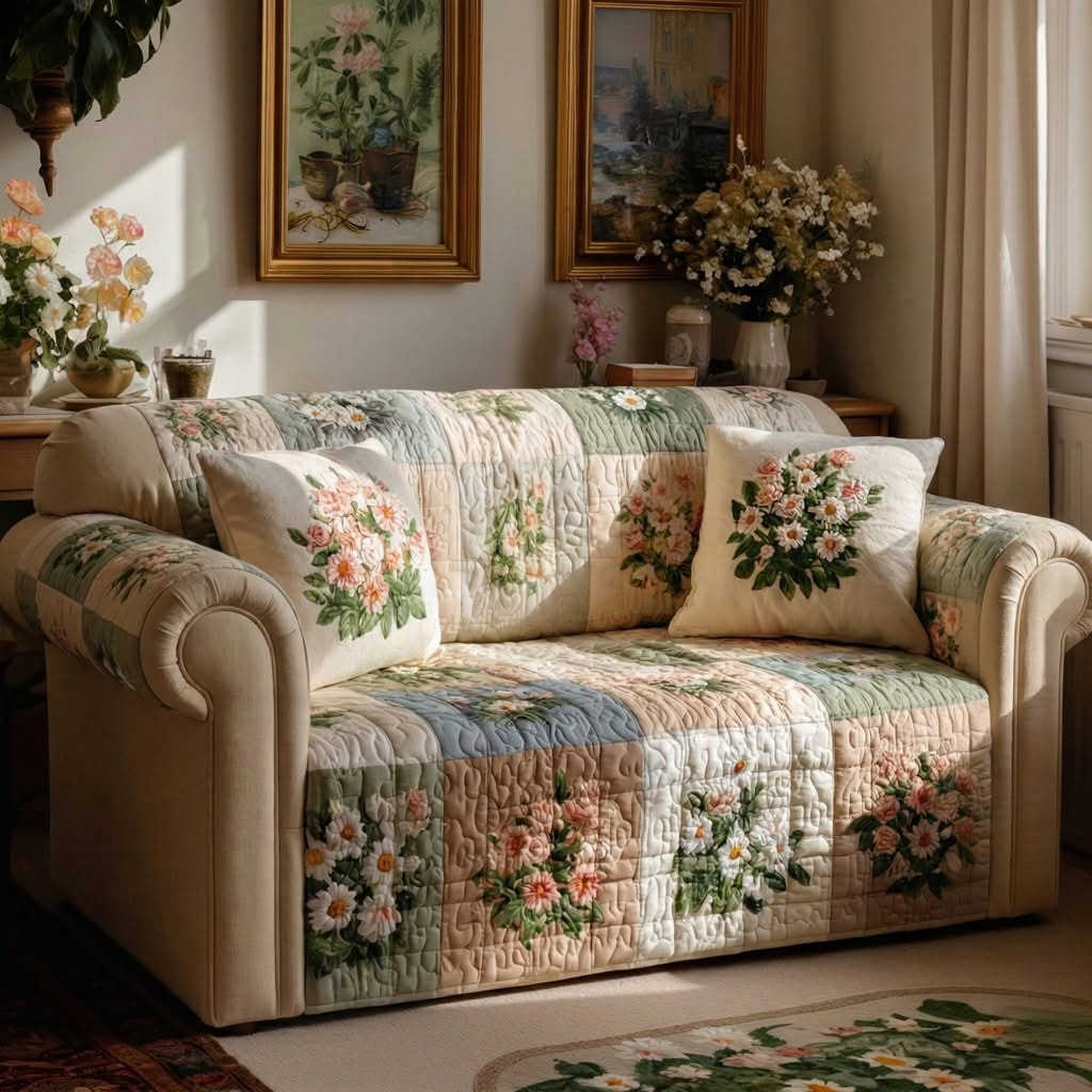 Cottage Rose Patch Quilted Sofa Cover Floral Couch Covers Gift For Mother On Mother's Day
