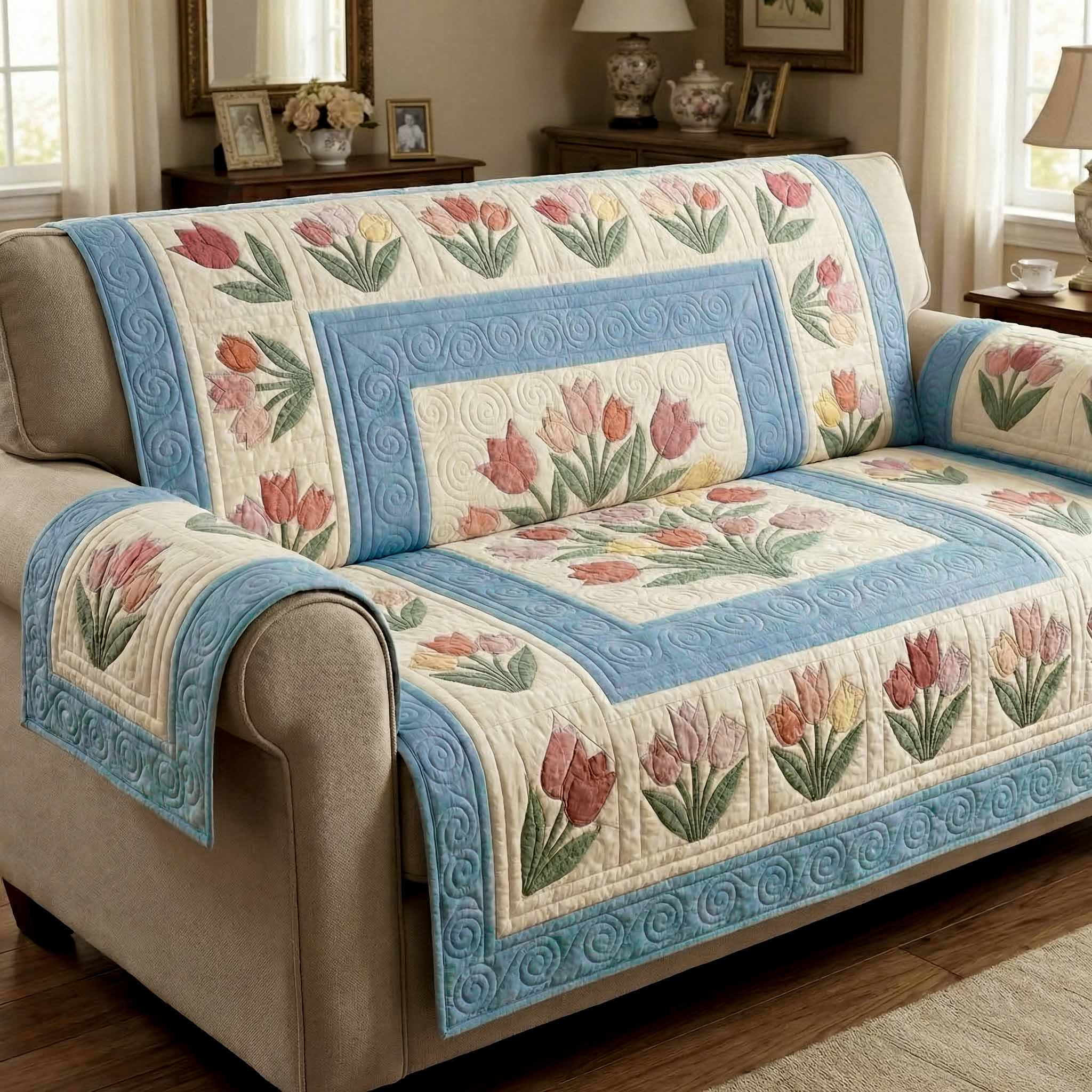 Cottage Tulips Quilted Sofa Cover Best Slipcovers Mother To Be Gifts