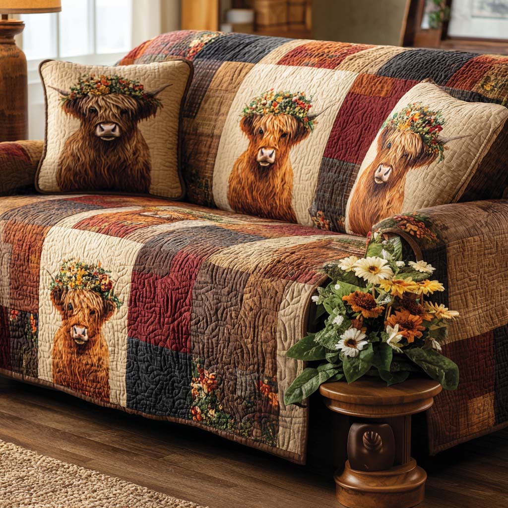 Country Comfort Quilted Sofa Cover Furniture Slipcovers Highland Cow Themed Gifts