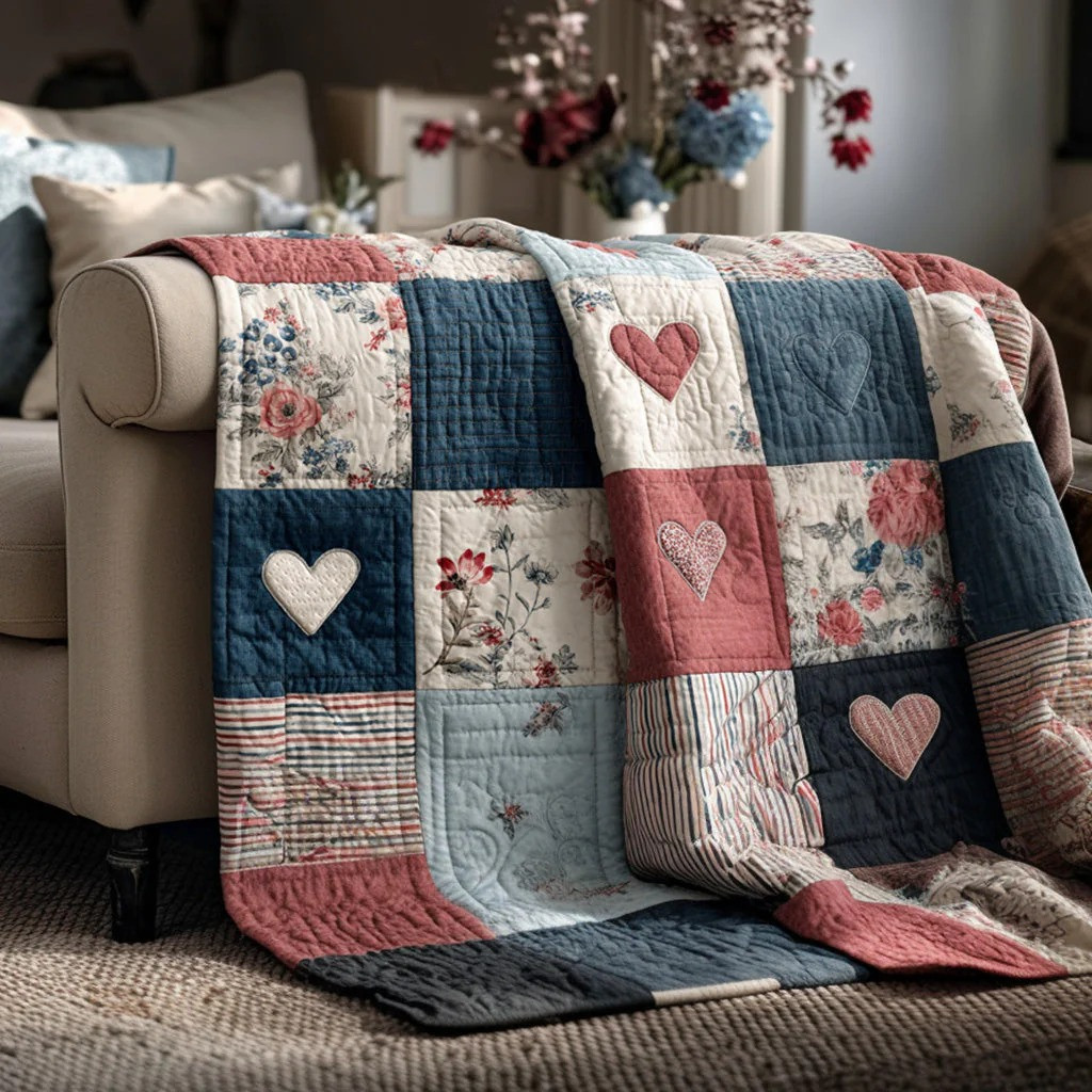Country Heart Patchwork Quilted Blanket Farmhouse Floral Decor Best Gift For Home Lovers