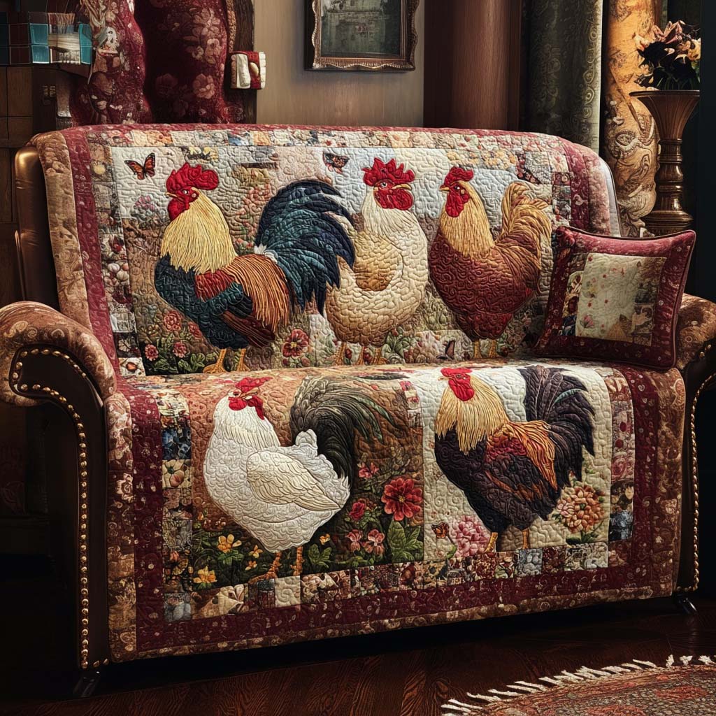 Country Rooster Parade Quilted Sofa Cover Couch Seat Covers Best Gifts For Chicken Owners