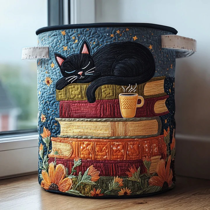 Cozy Black Cat Books Quilted Laundry Basket Cat Bookworm Storage Best Gift For Her