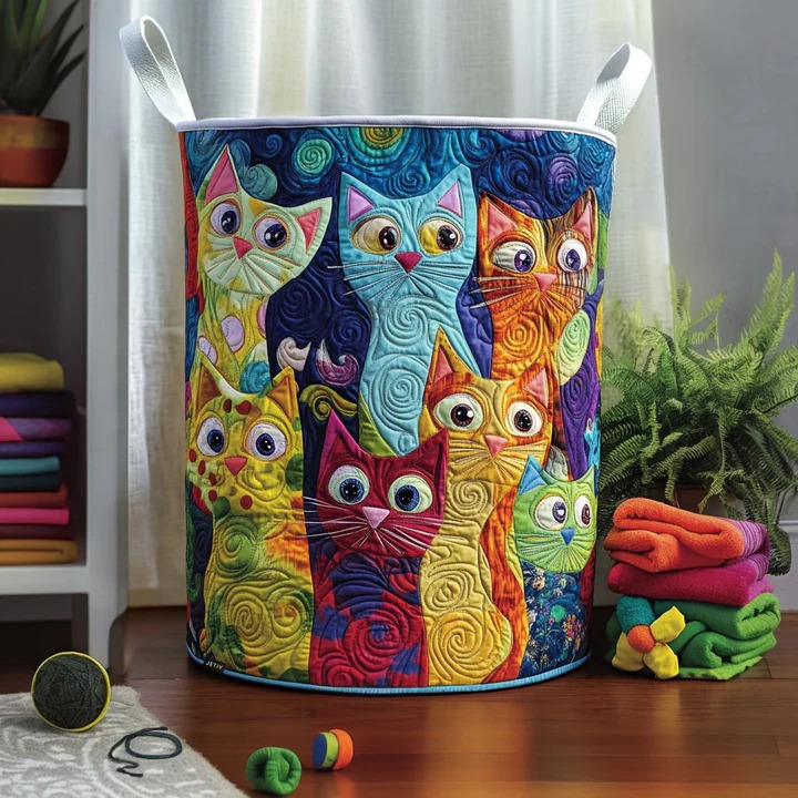 Cozy Cat Colony Quilted Laundry Basket Boho Cat Home Storage Cute Gift For Cat Mom