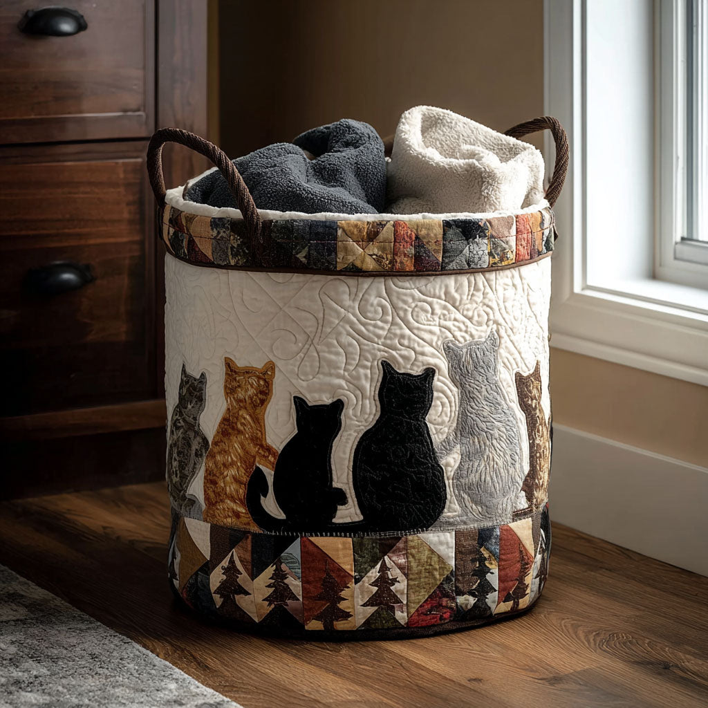 Cozy Cat Gathering Quilted Laundry Basket Large Capacity Quilted Laundry Basket for Clothes Storage