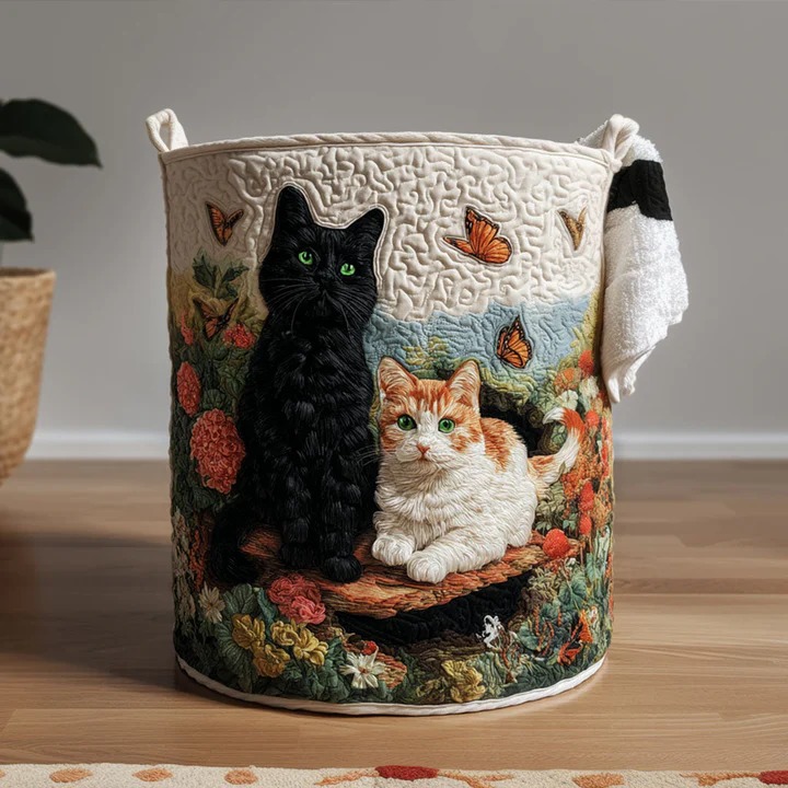 Cozy Cottage Cat Quilted Laundry Basket Boho Rustic Cat Home Decor Best Gift For Cat Lovers