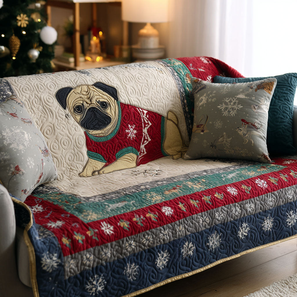 Cozy Pugmas Quilted Sofa Cover Holiday Living Decorations Christmas Gifts For Dog Lovers
