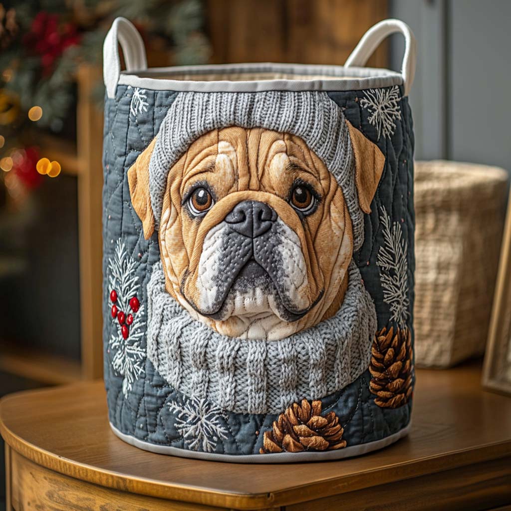 Cozy Winter Bulldog Quilted Laundry Basket Lovely Quilted Laundry Basket Gift for Mom or Grandma