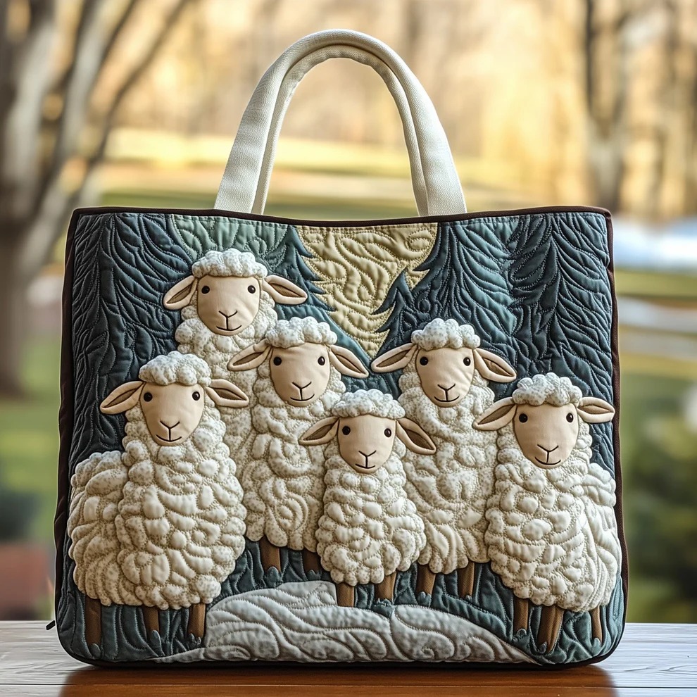 Cozy Wool Sheep Winter Forest Quilted Tote Bag Cute Farm Animal Floral Nature Lover Gift For Mom