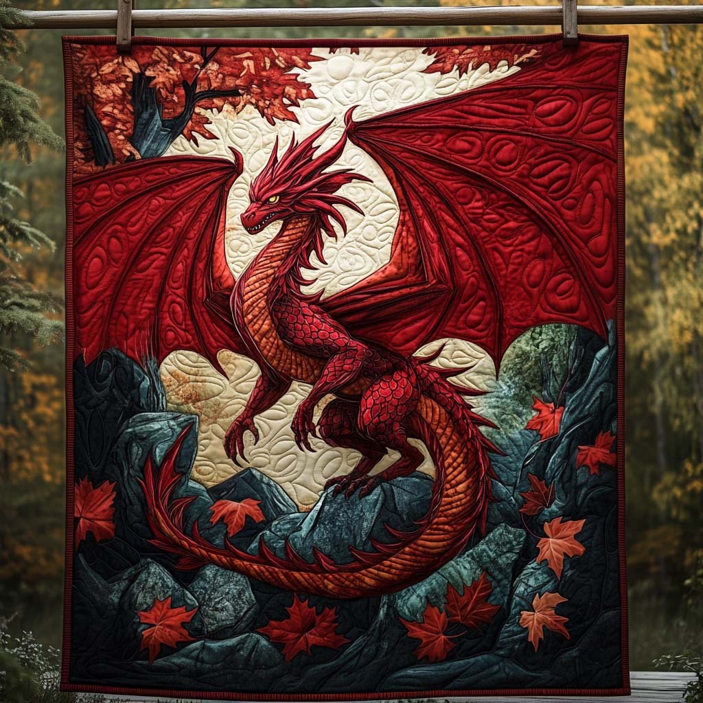 Crimson Blaze Quilted Blanket Queen Bed Set Unique Dragon Gifts