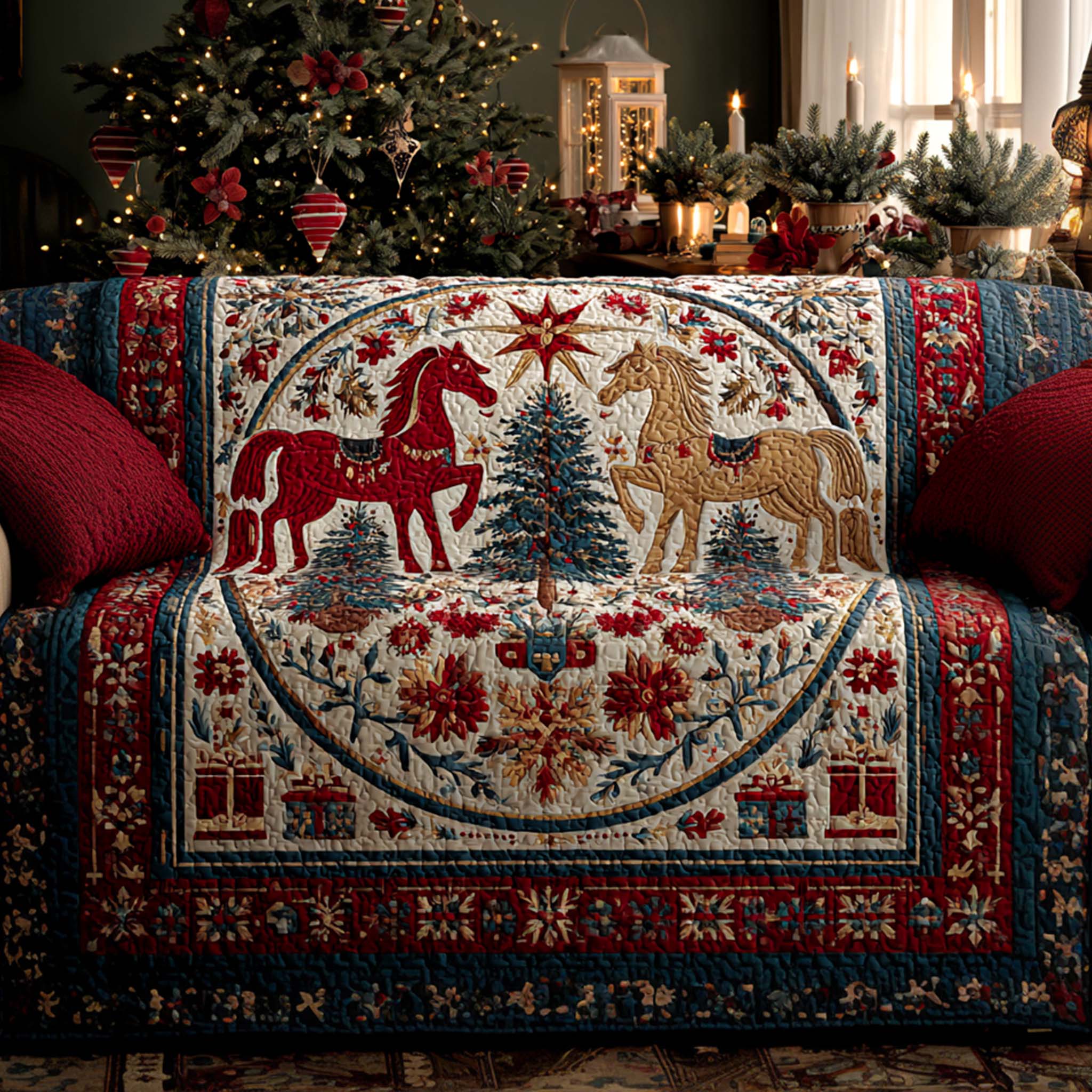 Crimson Holiday Stallions Quilted Sofa Cover Sofa Cover Slipcover Family Christmas Presents