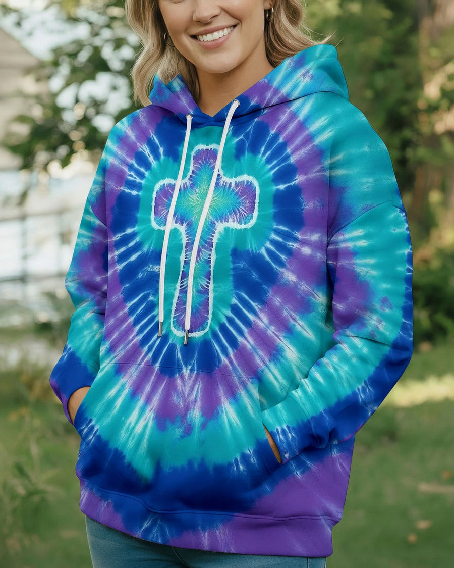 Cross Aura Of Grace Tie Dye Hoodie Women's Faith Based Apparel Best Gifts For Christian