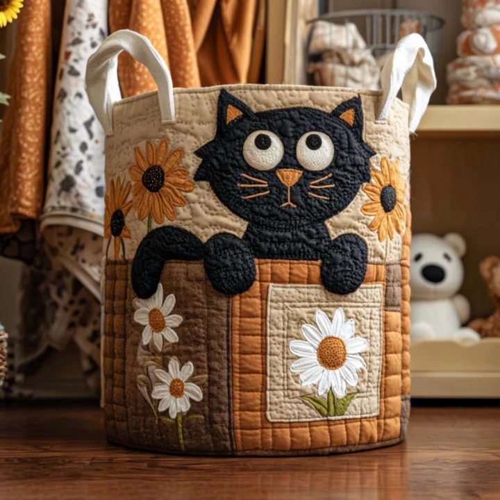 Cute Black Cat Quilted Laundry Basket Sunny Daisy Storage Bin Best Gift For Cat Moms