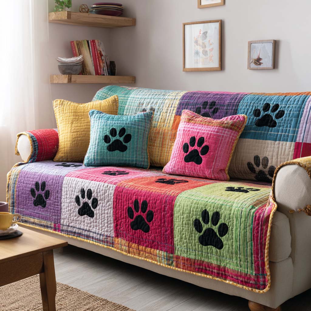 Cute Paw Quilted Sofa Cover Furniture Slipcovers Perfect Gift For Dog Lovers