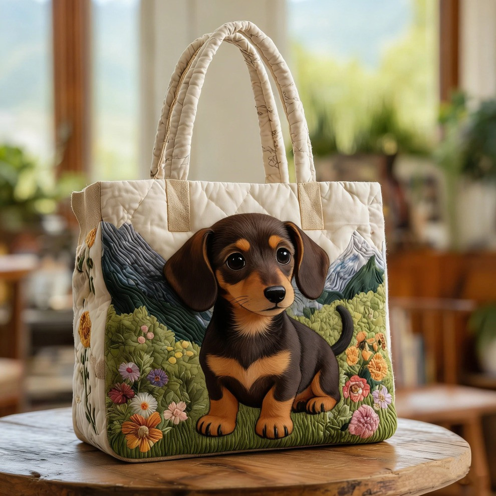 Dachshund Quilted Tote Bag Floral Cute Dog Tote Bag Sausage Dog Gift Ideas For Her