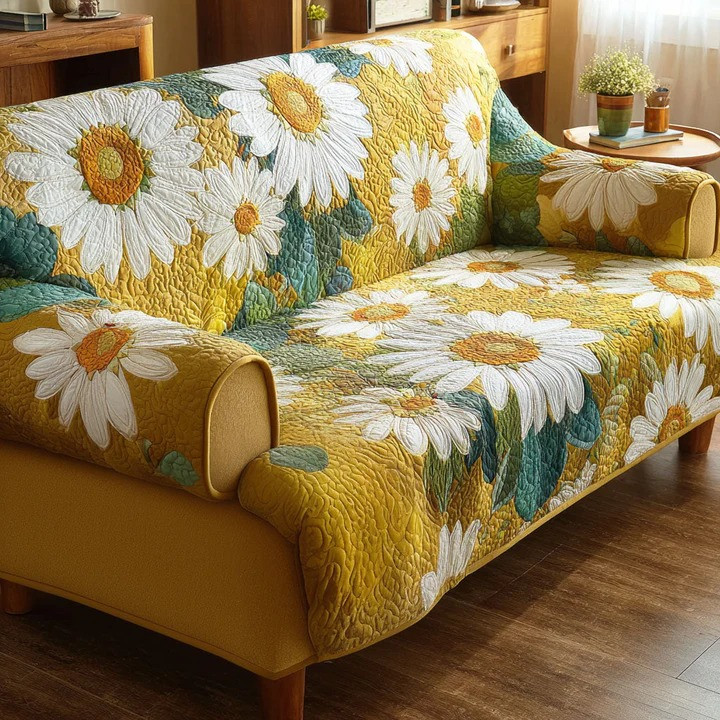 Daisy Glow Quilted Sofa Cover Vibrant Floral Furniture Protector Best Home Decor Gift For Her