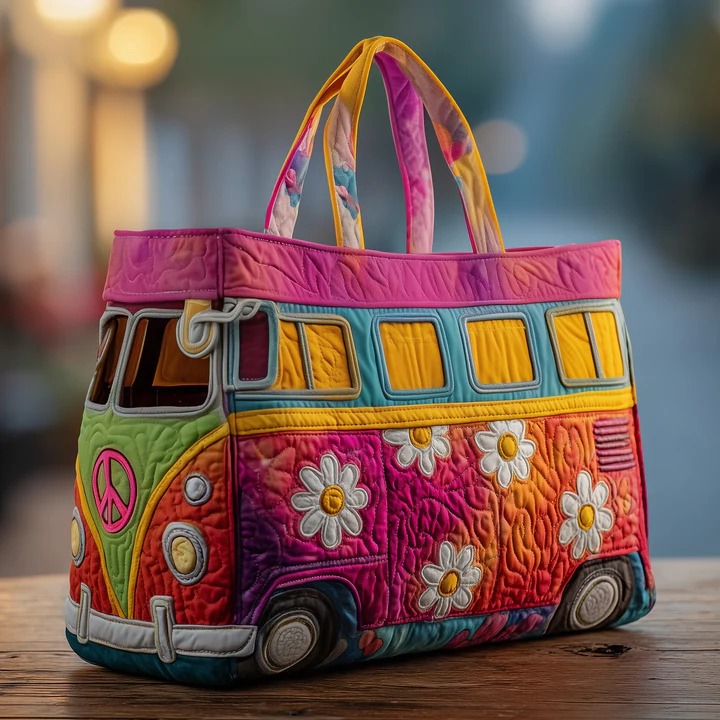 Daisy Hippie Van Quilted Tote Bag Retro Peace Bag Cute Boho Gift For Women