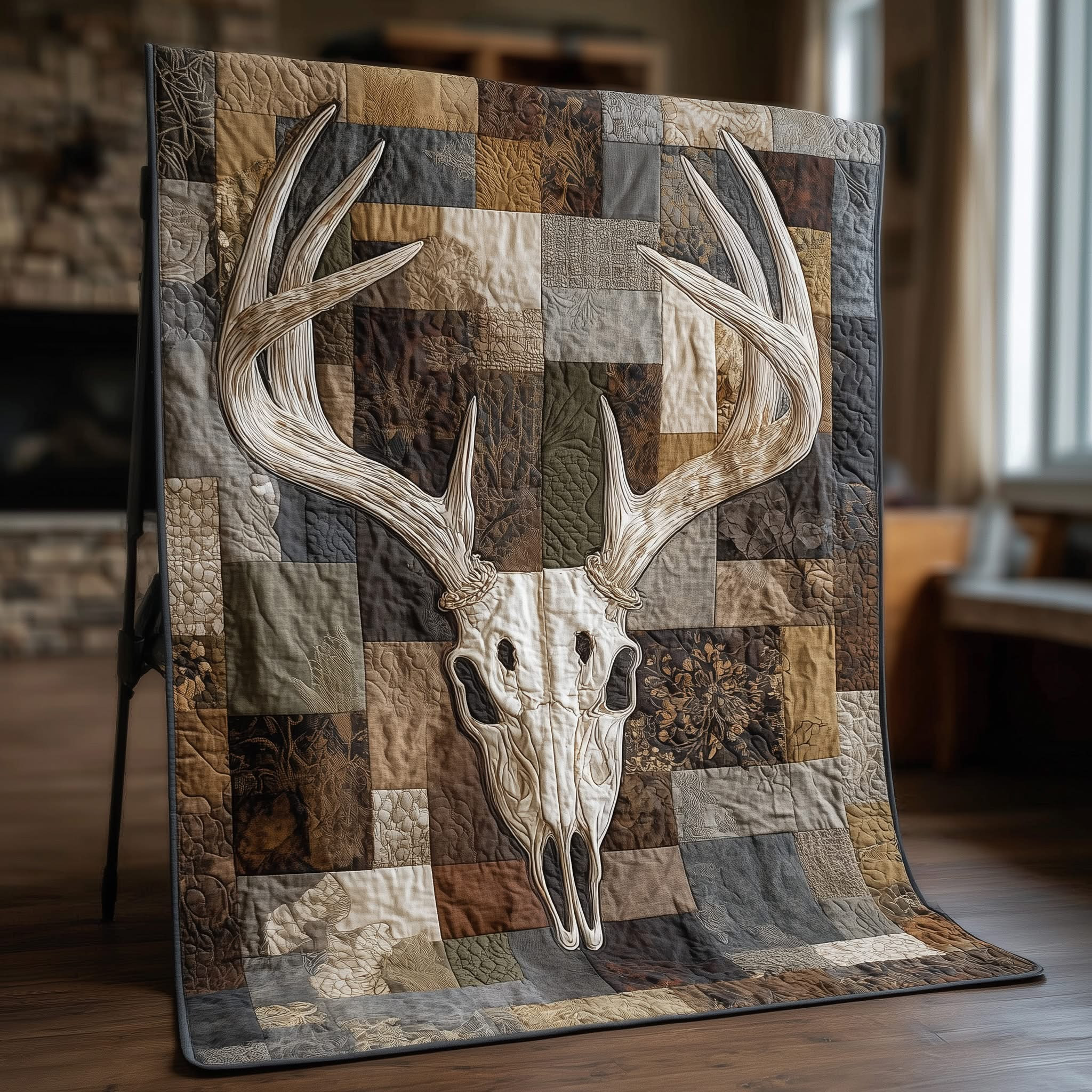 Deer Skull Patchwork Quilted Blanket Deer Serenity Throw Blanket Rustic Gifts