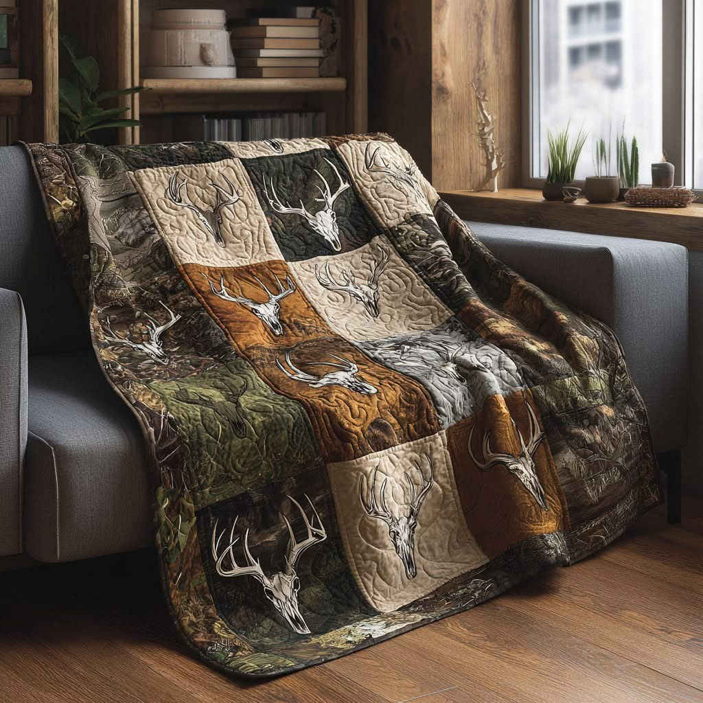 Deer Skull Trailblazer Spirit Quilted Blanket Rustic Cozy Blanket Gift For Deer Hunter