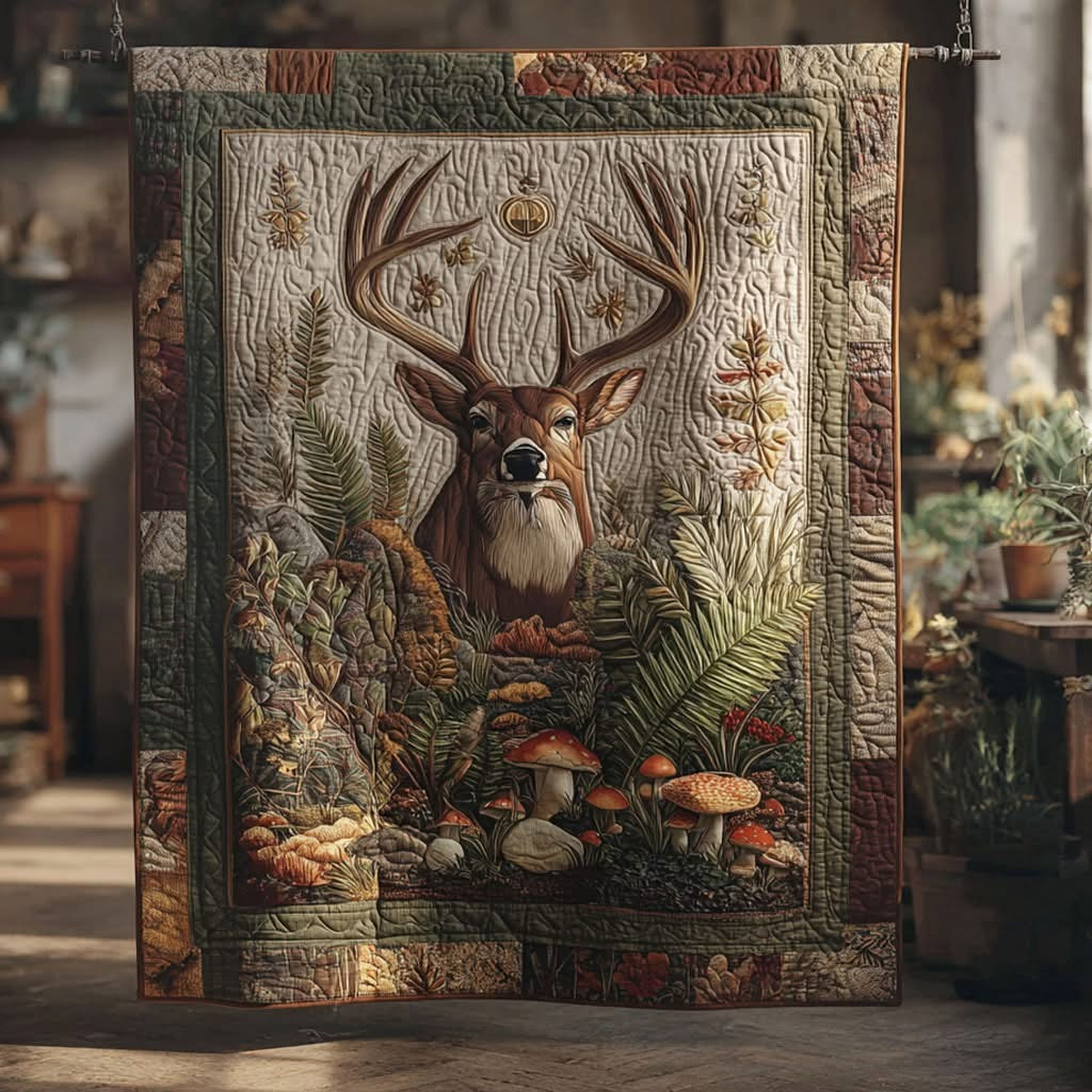 Deer Wilderness Crown Quilted Blanket Rustic Themed Throw Blanket Good Gifts For Deer Hunters