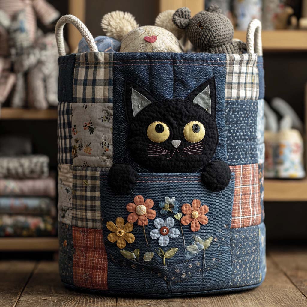Denim Kitty Quilted Laundry Basket Perfect Quilted Laundry Organizer Gift for the Holidays