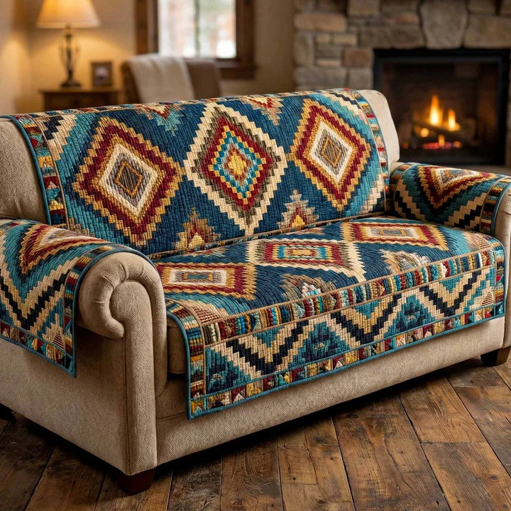 Desert Mosaic Quilted Sofa Cover Boho Southwest Furniture Protector Best Home Decor Gift Ideas