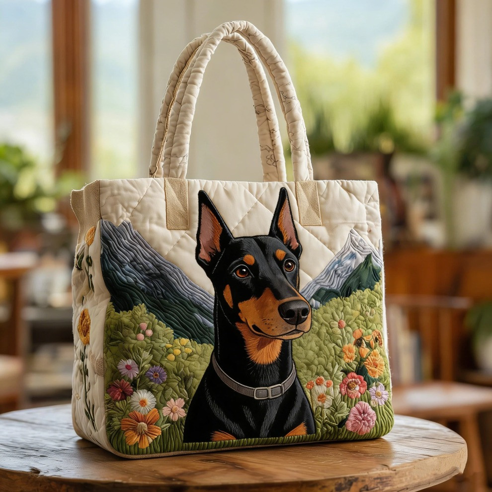 Doberman Quilted Tote Bag Spring Floral Dog Tote Bag Best Gifts For Doberman Lovers